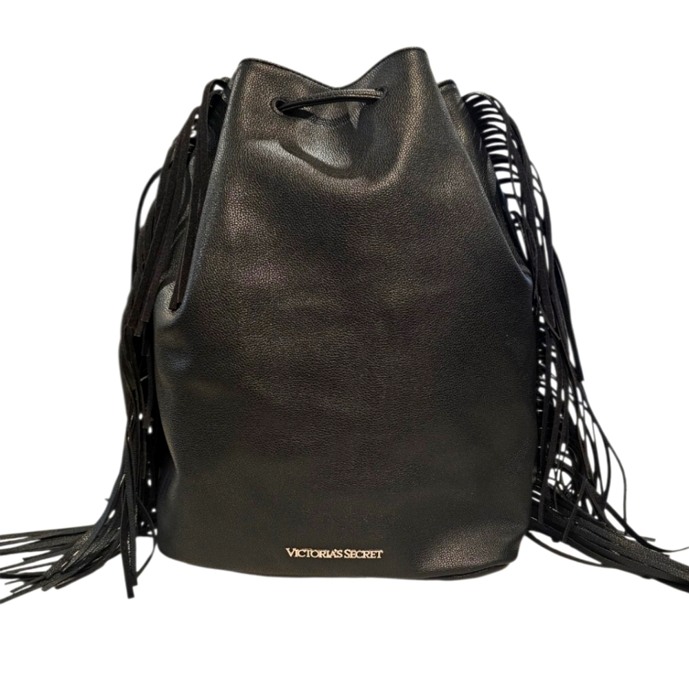 Victoria's Secret Black Faux Leather Fringe Bag in EUC